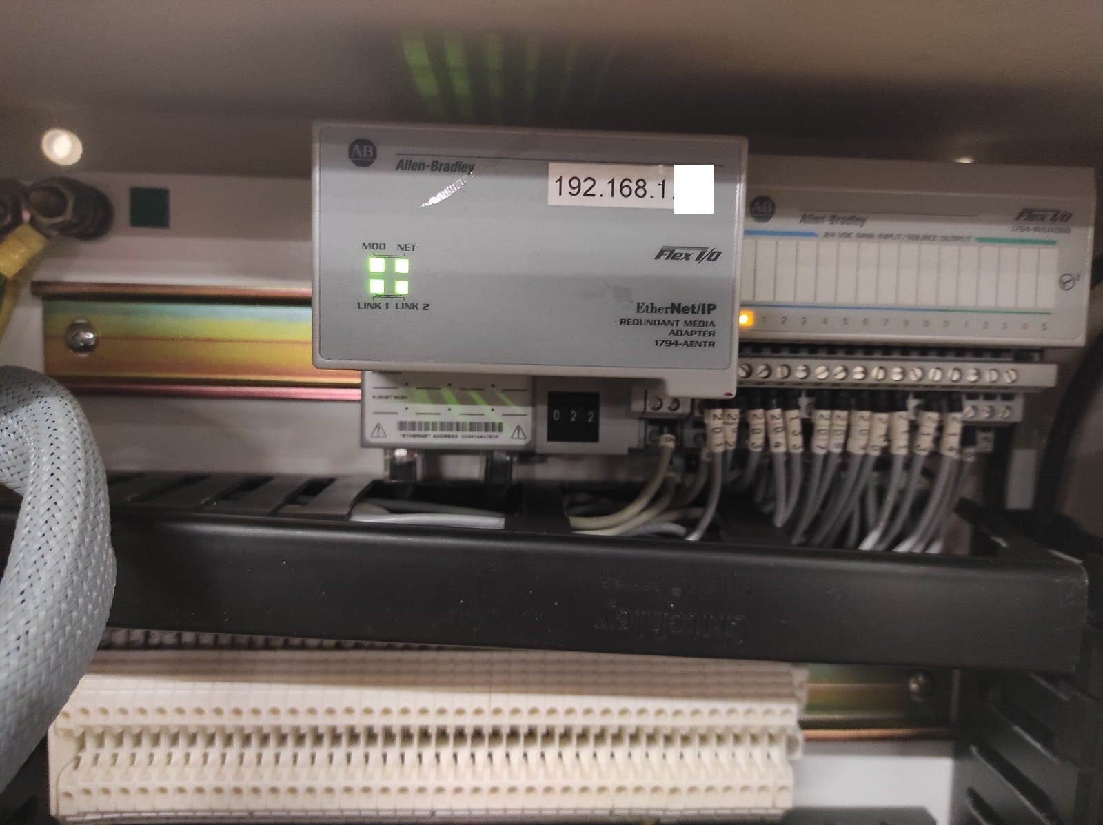 Close-up of New Flex I/O Ethernet Adapter in Conveyor Control Panel (Typical) After Works
